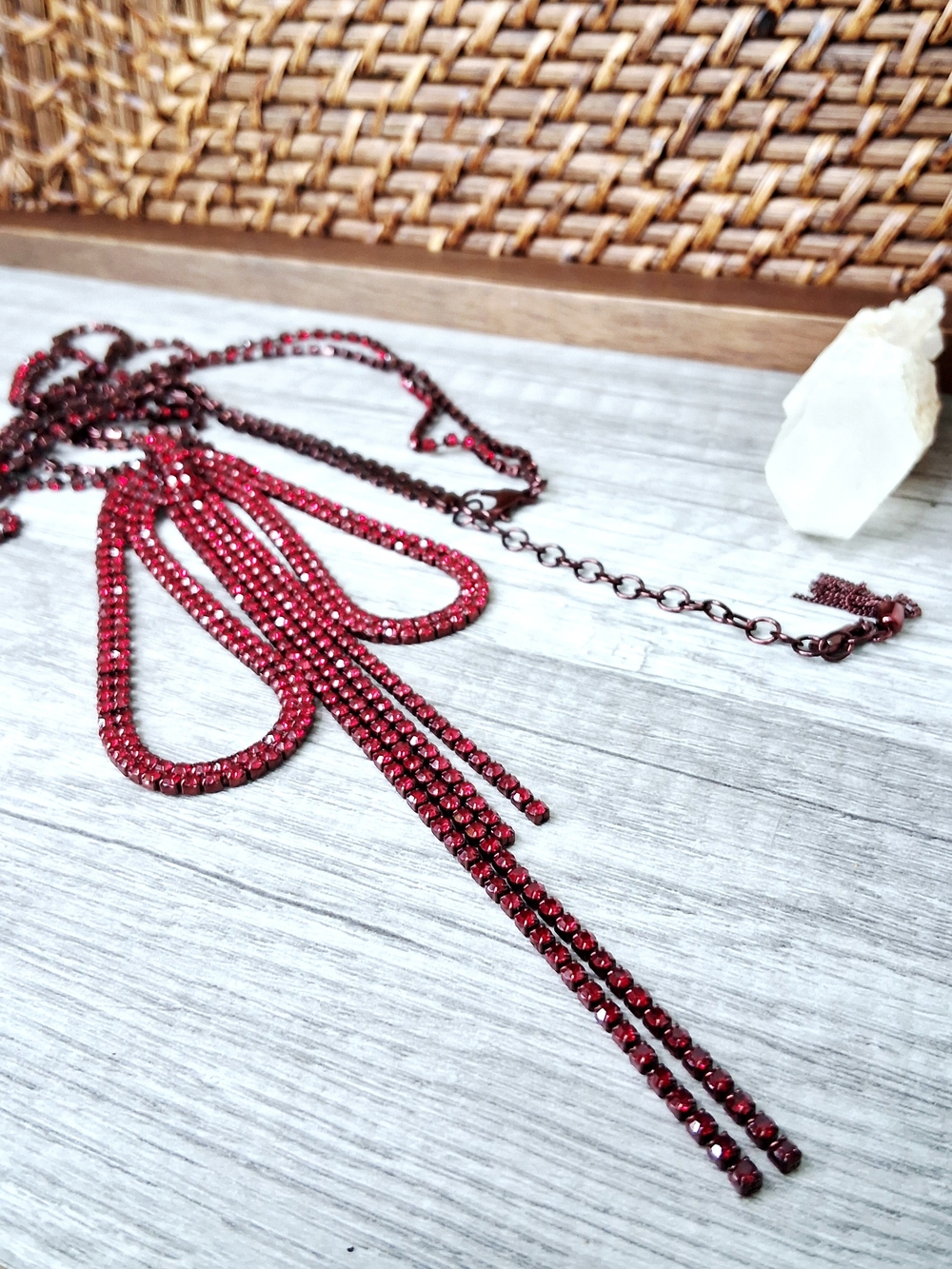 Long Red Rhinestone Crystal Fringe Necklace - Garnet
